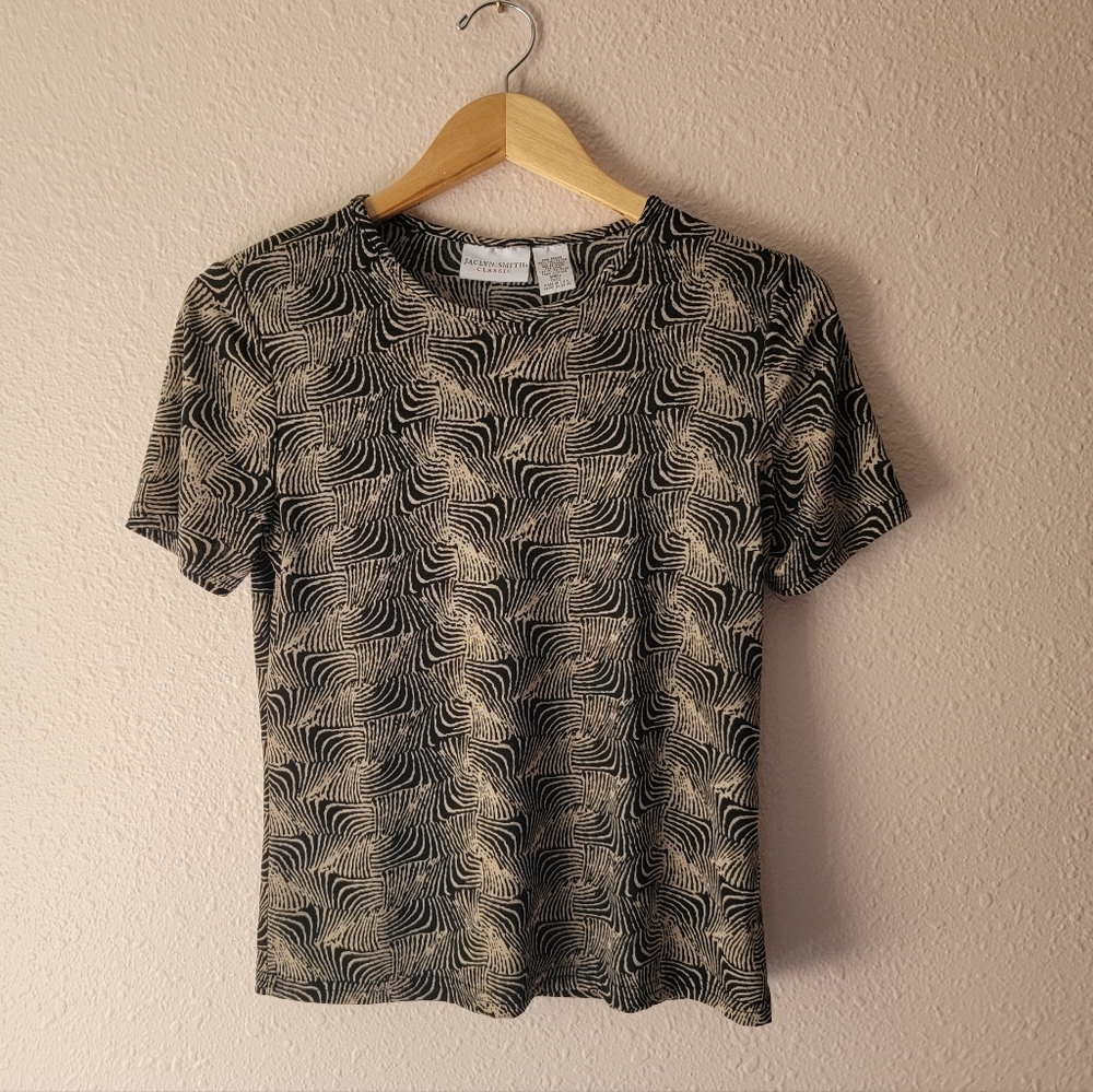 Jaclyn Smith Classic Black Cream Vintage stretchy abstract animal print Tee 90s